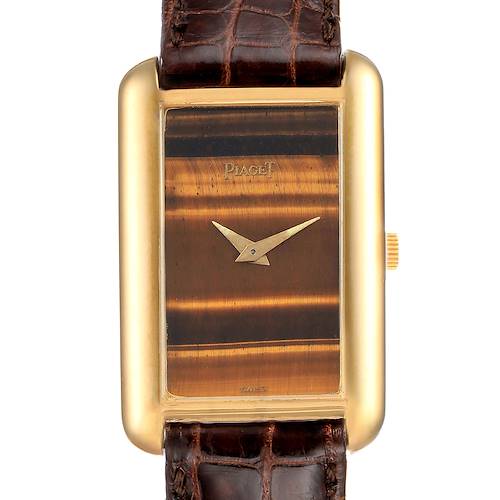 This image shows a front view of the Piaget 9228 Women's Yellow Gold Brown Dial 9228 Women's Yellow Gold Brown Dial 18K Yellow Gold Tiger Eye Stone Dial Ladies Watch 9228, highlighting the dial and watch hands.