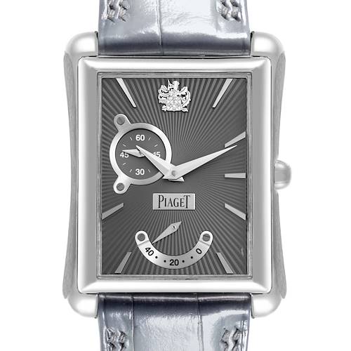 The Piaget P10566 Men's Yellow Gold Grey Dial P10566 Men's Yellow Gold Grey Dial Emperador Automatic P10566 watch is displayed front-on, showcasing the dial and part of the strap.