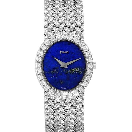 The image shows a front view of a Piaget 9814 Women's White Gold Blue Dial 9814 Women's White Gold Blue Dial White Gold Lapis Lazuli Dial Diamond Vintage Cocktail Ladies Watch 9814 model.
