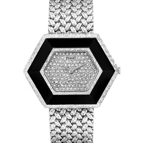 The image displays a front view of the Piaget 9523D2 Women's White Gold White Dial 9523D2 Women's White Gold White Dial Onyx Diamond Dial White Gold Vintage Cocktail Ladies Watch 9523.