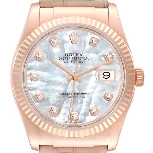 The image shows a close-up of the face of a Rolex President 116135 Men's Rose Gold Mother of Pearl Dial 116135 Men's Rose Gold Mother of Pearl Dial model watch, highlighting its dial, markers, hands, and date window.