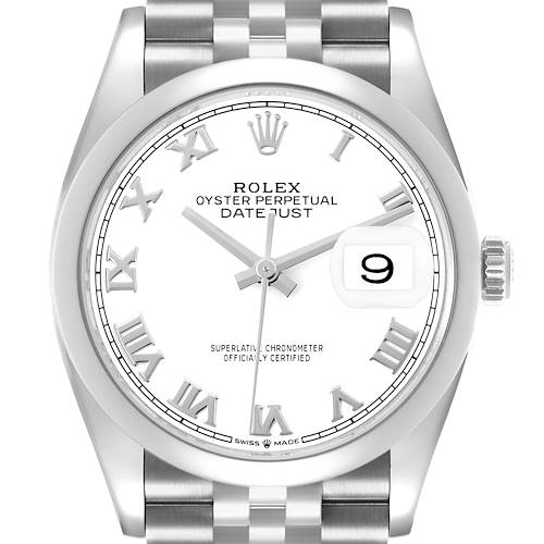 The Rolex Datejust 126200 Men's Stainless Steel White Dial watch is shown from a front angle, displaying the dial, bezel, crown, and part of the bracelet.