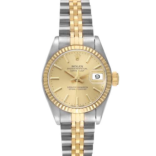 The Rolex Datejust 69173 Women's Steel and Gold (two tone) Champagne Dial watch is shown from a top view, featuring the dial, crown, and two-tone bracelet.