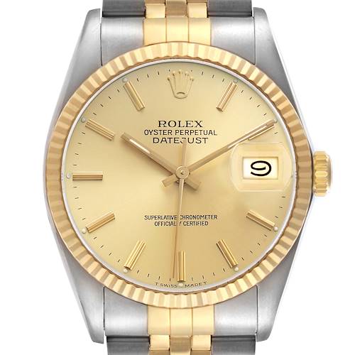 The Rolex Datejust 16013 Men's Stainless Steel Champagne Dial watch is shown head-on, highlighting its gold dial, date feature, and two-tone bracelet.