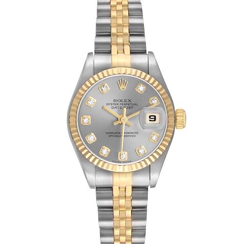 The Rolex Datejust 79173 Women's Steel and Gold (two tone) Silver Dial watch is shown from the front, displaying its dial, bezel, bracelet, and crown.