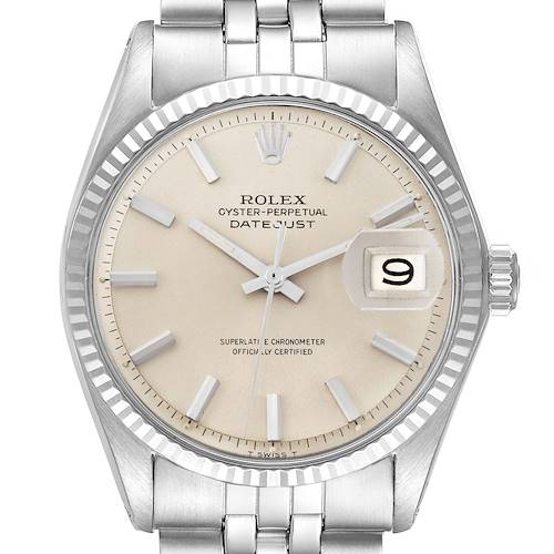The Rolex Vintage Collection 1601 Men's Stainless Steel Silver Dial watch is shown from the front, highlighting its dial, hands, date window, and bezel.