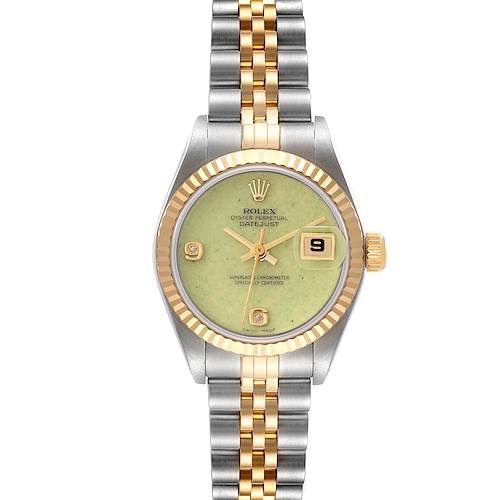 The Rolex Datejust 79173 Women's Steel and Gold (two tone) Green Dial 79173 Women's Steel and Gold (two tone) Green Dial watch is shown from the front, highlighting its dial, bezel, and two-tone bracelet.