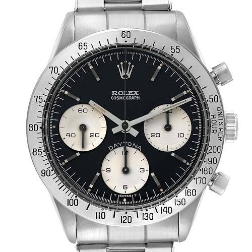 The Rolex Daytona 6239 Men's Stainless Steel Black Dial watch is shown from a front angle, displaying the dial, subdials, case, bezel, and part of the bracelet.