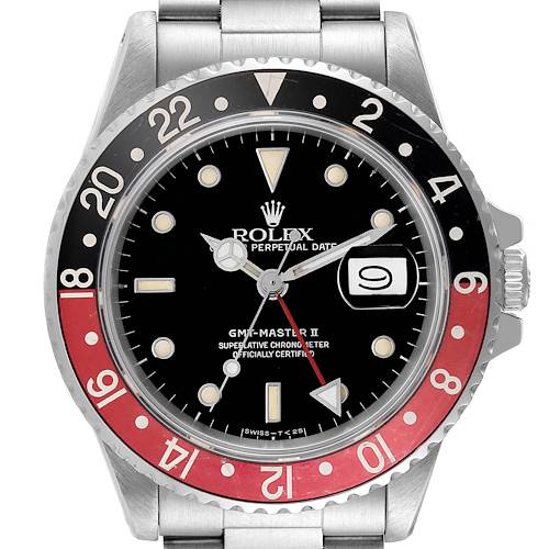 The Rolex Vintage Collection 16760 Men's Stainless Steel Black Dial 16760 Men's Stainless Steel Black Dial GMT-Master II watch is shown from the front, displaying the dial, bezel, hands, and part of the bracelet.