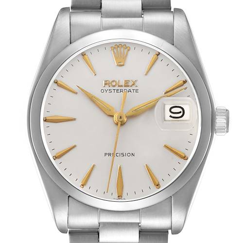The Rolex Vintage Collection 6694 Men's Stainless Steel Silver Dial watch is shown from a frontal view, highlighting the dial, indices, hands, and date window.