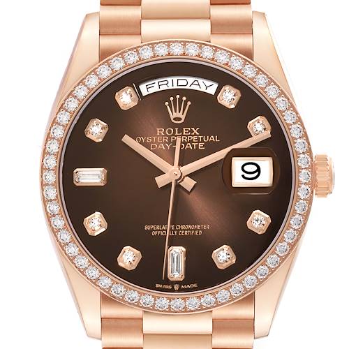 The Rolex President 128345 Men's Rose Gold Brown Dial model is shown from the front, highlighting the dial, bezel, crown, and bracelet top.