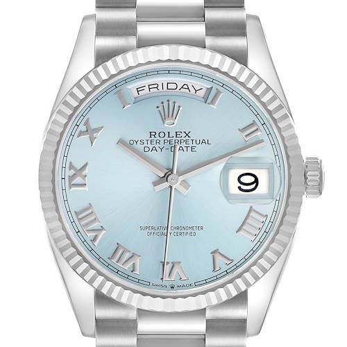 The Rolex President 128236 Men's Platinum Blue Dial model is shown from a frontal angle, displaying the dial, bezel, bracelet, and day-date features.