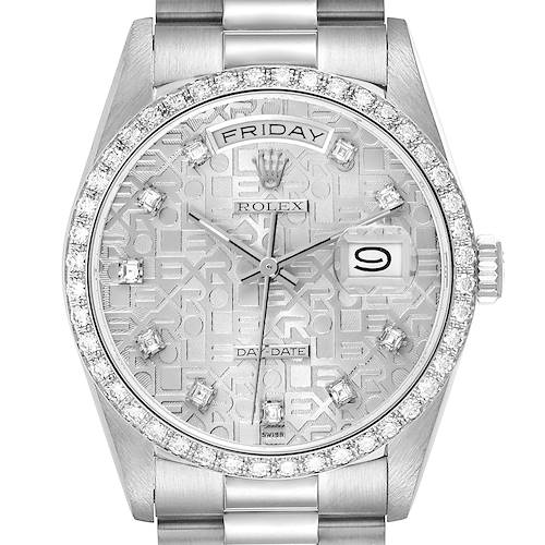 The Rolex President 18349 Men's White Gold Silver Dial 18349 Men's White Gold Silver Dial watch is shown from a front angle, highlighting the dial, bezel, and bracelet.