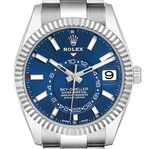 The Rolex Sky-Dweller 326934 Men's Stainless Steel Blue Dial watch is shown from a front angle, highlighting its blue dial, bezel, hands, and date window at 3 o'clock.