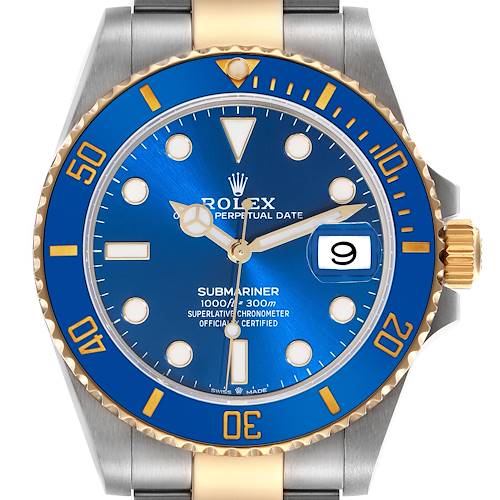 The Rolex Submariner 126613 Men's Steel and Gold (two tone) Blue Dial 126613 Men's Steel and Gold (two tone) Blue Dial watch is shown from a frontal angle, displaying its blue and gold bezel, dial, and bracelet.