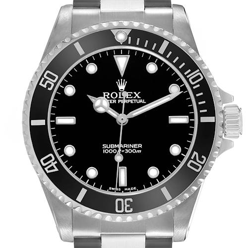 The Rolex Submariner 14060 Men's Stainless Steel Black Dial is shown from a front angle, highlighting the bezel, dial, crown, and part of the bracelet.