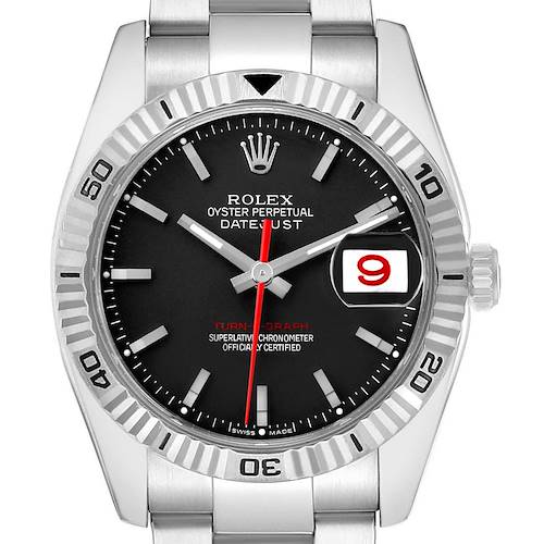 The image shows a Rolex Turn-o-Graph 116264 Men's Stainless Steel Black Dial watch from a front angle, highlighting the dial, bezel, and bracelet.
