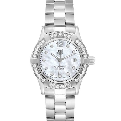 The Tag Heuer Aquaracer model WAF1416 men's watch is shown from a top view, highlighting the dial, bezel, and bracelet.