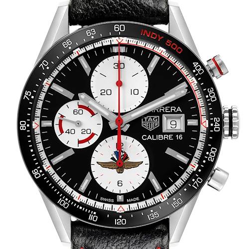 The Tag Heuer Carrera CV201AS.FC6429 Men's Stainless Steel Black Dial CV201AS.FC6429 Men's Stainless Steel Black Dial watch is shown from the front, displaying its dial, subdials, and bezel clearly.