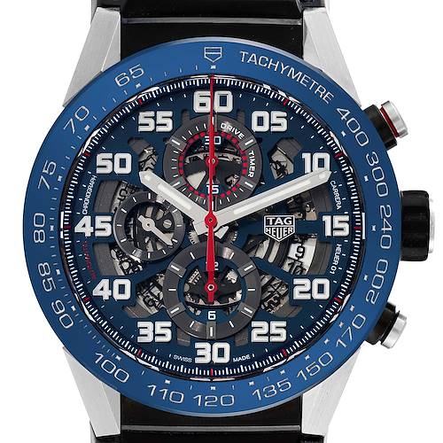 The image shows a front view of the Tag Heuer Carrera CAR2A1N.FT6100 Men's Stainless Steel Blue Dial CAR2A1N.FT6100 Men's Stainless Steel Blue Dial watch, highlighting its dial, tachymeter bezel, and chronograph subdials.