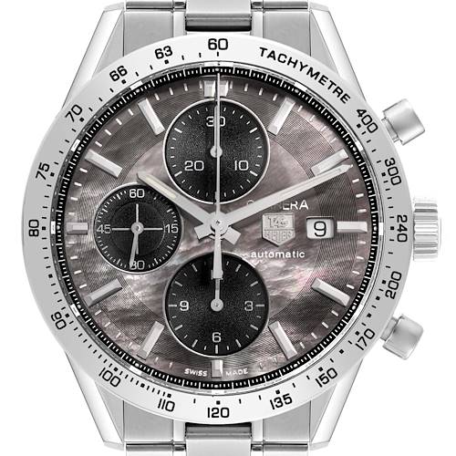 The Tag Heuer Carrera CV201P.BA0794 Men's Stainless Steel Mother of Pearl Dial CV201P.BA0794 Men's Stainless Steel Mother of Pearl Dial watch is shown from a front view, displaying the face, chronographs, tachymeter bezel, and date window.