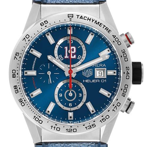 The Tag Heuer Carrera CAR201R Men's Stainless Steel Blue Dial watch is shown from the front, highlighting the dial, bezel with tachymeter, and watch hands.