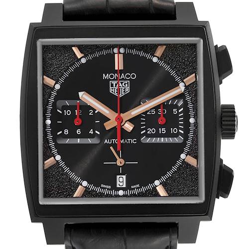The Tag Heuer Monaco CBL2180 Men's Titanium Black Dial watch is shown from a front angle, displaying its square face, chronograph subdials, hands, and date window.