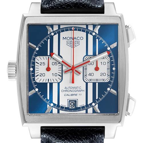The Tag Heuer Monaco CAW211D Men's Stainless Steel Blue Dial watch is shown from the front, highlighting its square case, blue dial, and chronograph sub-dials.