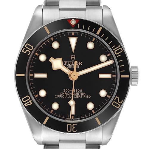 The Tudor Heritage Black Bay M79030N-0001 Men's Stainless Steel Black Dial watch is shown from the front, highlighting the bezel, dial, hands, and crown.