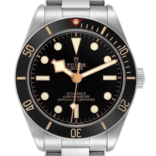 The Tudor Heritage Black Bay M79030N-0001 Men's Stainless Steel Black Dial watch is shown from the front, displaying the dial, bezel, and part of the bracelet.