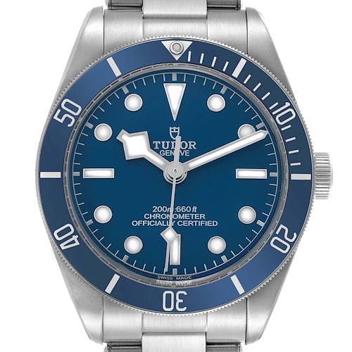 The image shows a front view of the Tudor Heritage Black Bay 79030B Men's Stainless Steel Blue Dial model, highlighting the blue dial, bezel, and stainless steel bracelet.