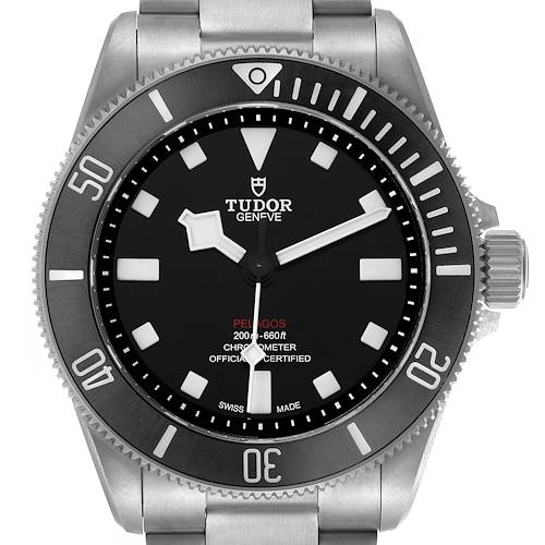 The Tudor Pelagos 25407N Men's Titanium Black Dial watch is shown from the front, featuring its face, bezel, and part of the bracelet.