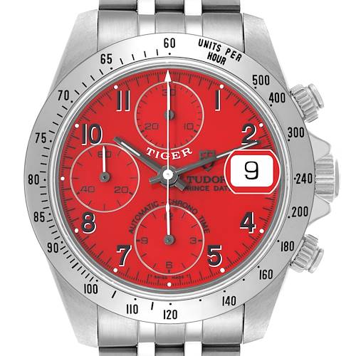The Tudor Tiger 79280 Men's Stainless Steel Red Dial 79280 Men's Stainless Steel Red Dial watch is shown from the front, displaying the red dial, chrono dials, date window, and bezel markings.