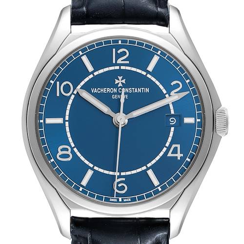 The Vacheron Constantin Fiftysix 4600E/000A-B487 Men's Stainless Steel Blue Dial watch is shown from the front, highlighting its blue dial, markers, hands, and partial leather strap.
