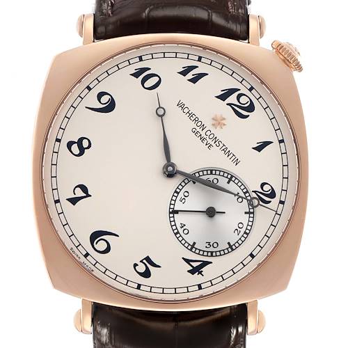 The Vacheron Constantin Historiques 82035 Men's Rose Gold Silver Dial watch is shown from a front view, highlighting the dial, numerals, and hands.