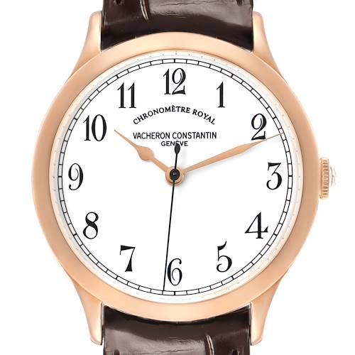 The image shows a front view of a Vacheron Constantin Historiques 86122 Men's Rose Gold White Dial watch, highlighting the dial, hands, and brown leather strap.