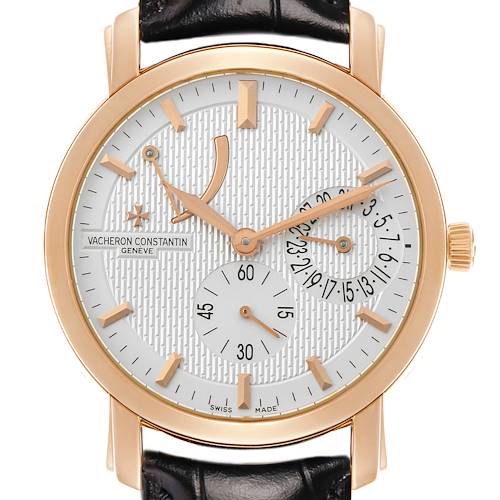 The image shows a Vacheron Constantin Malte 83060 Men's Rose Gold Silver Dial watch from the front, highlighting its dial, hands, and subdials.