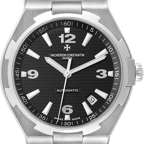 The image shows a front view of the Vacheron Constantin Overseas 47040/B01A-9094 Men's Stainless Steel Black Dial 47040/B01A-9094 Men's Stainless Steel Black Dial watch, including dial, hands, bezel, and bracelet interface.