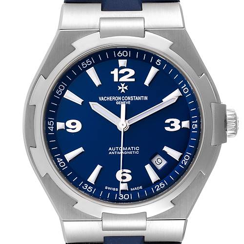 The image shows a front view of the Vacheron Constantin Overseas 47040/000A-9008 Men's Stainless Steel Blue Dial 47040/000A-9008 Men's Stainless Steel Blue Dial watch, highlighting the dial, hands, and part of the bracelet.