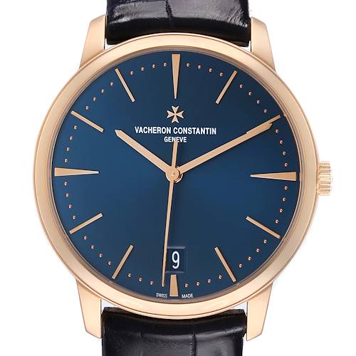The Vacheron Constantin Patrimony 4100U Men's Rose Gold Blue Dial watch is shown from the front, highlighting its blue dial, gold markers, and black strap.