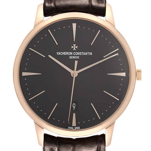 The image shows a front view of the Vacheron Constantin Patrimony 85180 Men's Rose Gold Black Dial watch, featuring the face, hands, markers, and crown.