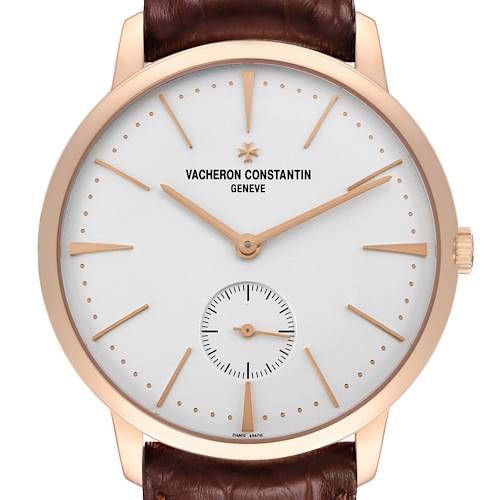 The Vacheron Constantin Patrimony 1110U/000R Men's Rose Gold Silver Dial watch is shown from a front angle, displaying the dial, hands, crown, and stitched leather strap.