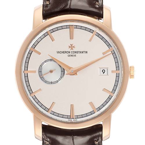The Vacheron Constantin Traditionnelle 87172 Men's Rose Gold Silver Dial watch is shown from a front angle, displaying the dial, hands, and date window.