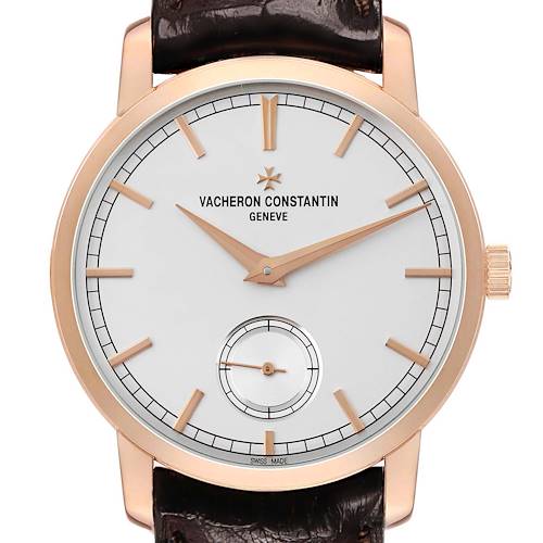 The Vacheron Constantin Traditionnelle 116713 Men's Rose Gold Silver Dial watch is shown from a front view, highlighting its dial, hands, markers, and crown.