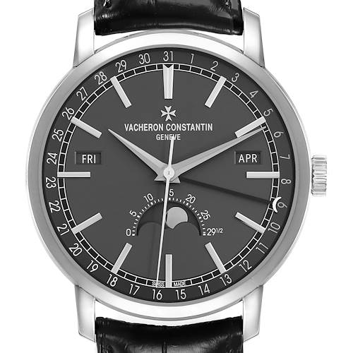 The Vacheron Constantin Traditionnelle 4010T/000G Men's White Gold Grey Dial watch is shown from a front angle, displaying the dial with day, date, and moon phase features.
