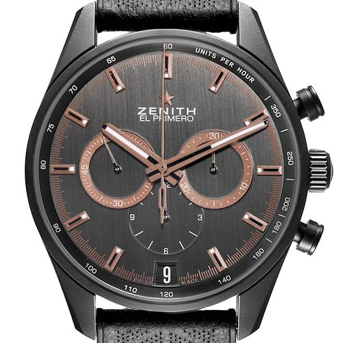 The Zenith Chronomaster 24.2042.400/27.R799 Men's Ceramic Black Dial 24.2042.400/27.R799 Men's Ceramic Black Dial watch is shown from a front angle, displaying the dial, subdials, and crown.