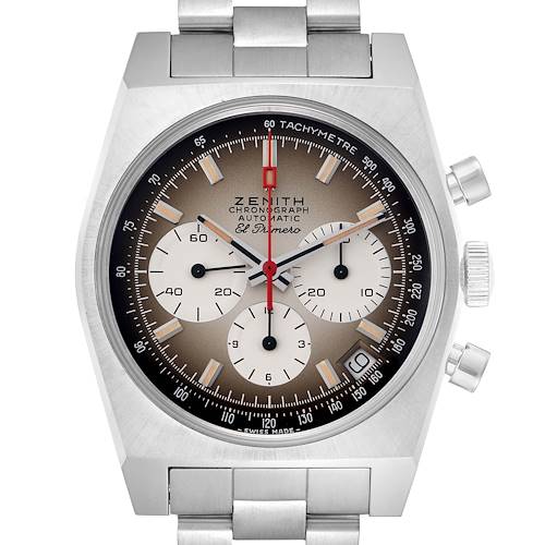 The Zenith Chronomaster model 03.A384.400/385.M385 is shown from the front, highlighting the dial, subdials, buttons, and stainless steel bracelet.