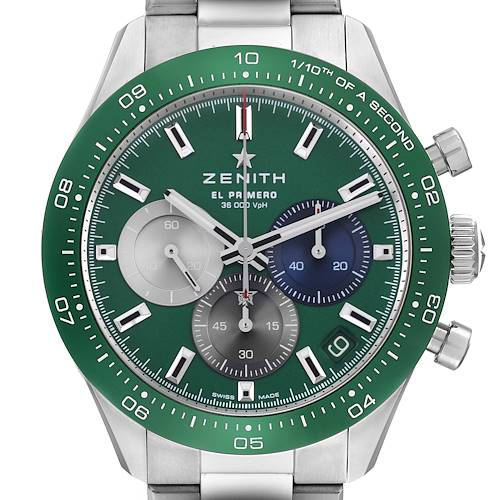 The Zenith Chronomaster 03.3119.3600/56.M3100 Men's Stainless Steel Green Dial 03.3119.3600/56.M3100 Men's Stainless Steel Green Dial watch is shown from the front, featuring its green bezel and chronograph subdials.