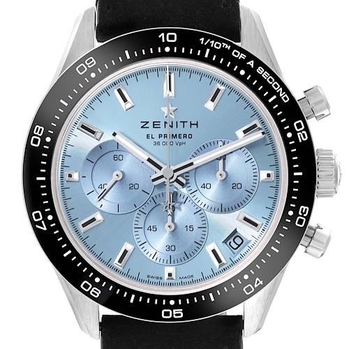 The Zenith Chronomaster 65.3104.3600 Men's White Gold Blue Dial 65.3104.3600 Men's White Gold Blue Dial watch is shown from a front angle, featuring its bezel, sub-dials, and crown.