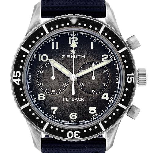 This Zenith Pilot 11.2240.405 Men's Stainless Steel Grey Dial 11.2240.405 Men's Stainless Steel Grey Dial model watch is shown from a front angle, displaying its dial, bezel, and strap.